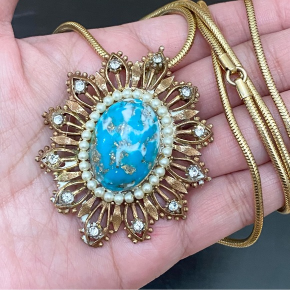 Vintage Cabochon Pearl Rhinestones Sunburst Pendant Round Snake Chain Necklace - Picture 2 of 12